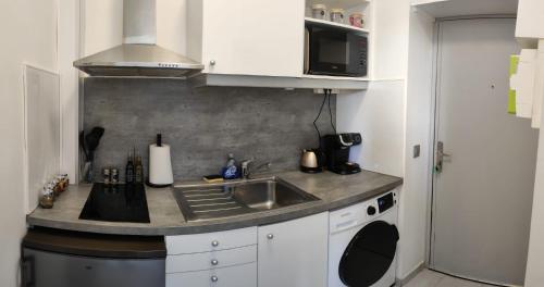 una pequeña cocina con fregadero y microondas en Manoir - Studio - Fibre-wifi - Avon, en Avon
