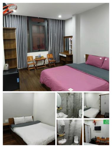 three pictures of a bedroom with a bed and a table at Bơ House hotel in Da Lat