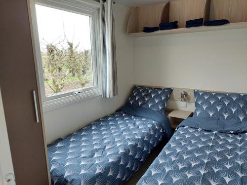 two beds in a small room with a window at Chalet Doyenne 6 pers. in Hengstdijk