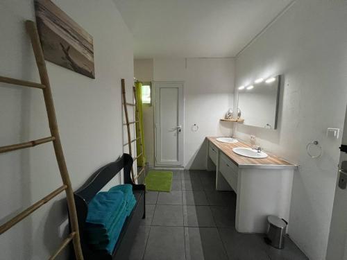 une salle de bain avec un lavabo et un miroir dans l'établissement Grand appartement avec terrasse et piscine privée, à Saint Pierre La Mer