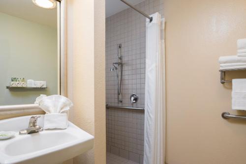 La salle de bains est pourvue d'un lavabo et d'une douche. dans l'établissement Holiday Inn Express Hotel & Suites Santa Clara - Silicon Valley, an IHG Hotel, à Santa Clara