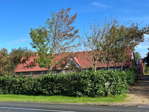 una casa con techo rojo a un lado de la carretera en Smedegaard værelser en Skjern
