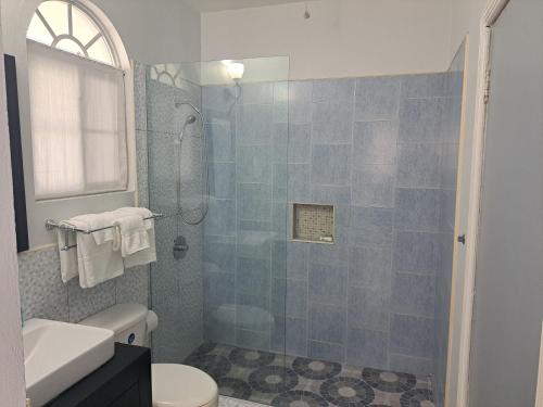 uma casa de banho com um chuveiro, um WC e um lavatório. em Gem on the Hill Ocho Rios em Ocho Rios