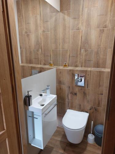 a bathroom with a toilet and a sink at Agroturystyka Cisza Knyszyńska in Wólka