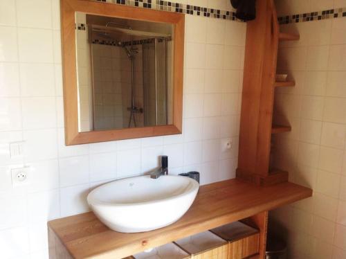 a bathroom with a white sink and a mirror at Le Foulon - Moulin de Charme - 1 heure 30 de Paris in Saint-Hilaire-les-Andrésis