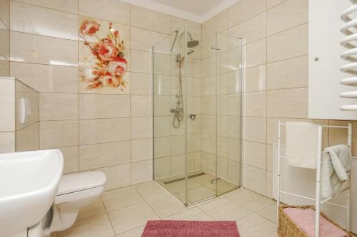 a bathroom with a shower with a toilet and a sink at Bednarzówka in Nowy Tomyśl