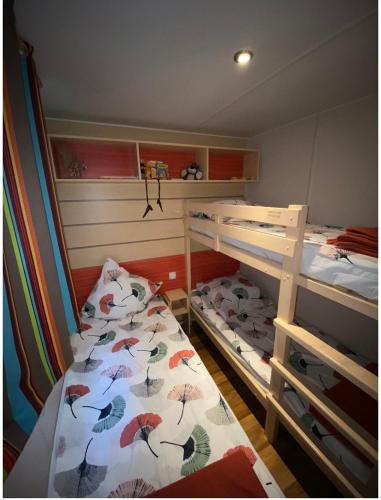 two bunk beds in a small room with at Mobile home proche de EUROPA PARK in Boofzheim