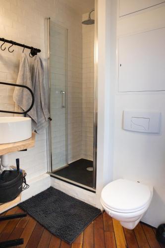 une salle de bain avec une douche avec des toilettes et un lavabo dans l'établissement Le Petit Nicolas - Centre historique de Blois - NETFLIX, JEUX, RETROJECTEUR, à Blois