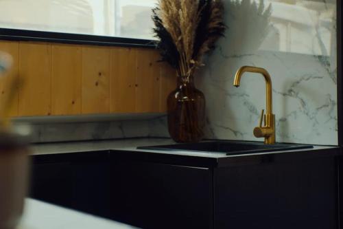 a kitchen counter with a sink and a vase with grass at Unieke beleving op het water, de Prinsenboot. in Spaarndam
