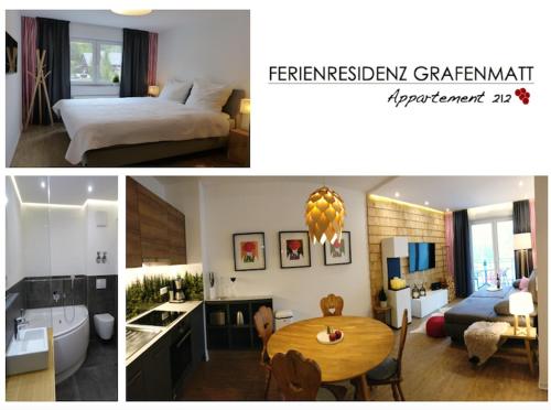 a collage of three pictures of a bedroom and a bathroom at Auerhahn Feldberg in Feldberg