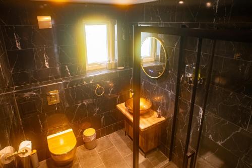 łazienka z umywalką, toaletą i oknem w obiekcie Luxury Cottage With Stunning Views Near Fairy Pools! w mieście Carbost