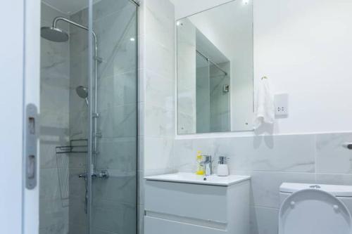a bathroom with a shower and a sink and a mirror at Airport Residential Suite in Accra
