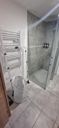 een douche met een glazen deur in de badkamer bij Appartement cosy près de Douai in Flers-en-Escribeus