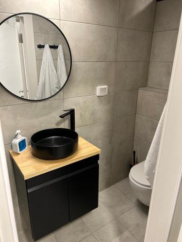 a bathroom with a black sink and a mirror at Jerusalem MALHA View in Jerusalem