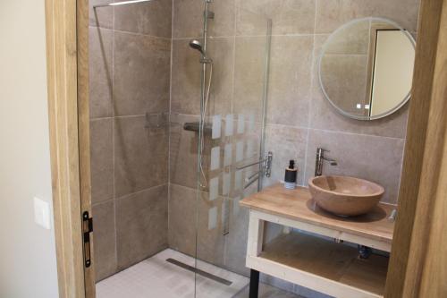 y baño con ducha, lavabo y espejo. en Aux Buis Gourmands, en La Chapelle-en-Vercors