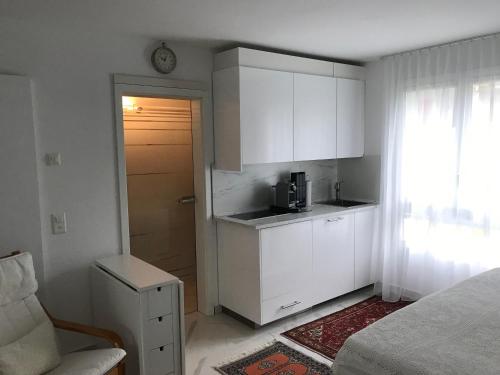 a small kitchen with white cabinets and a window at STUDIO "Helvetia Star" in Zürich-Pfaffhausen in Pffaffhausen