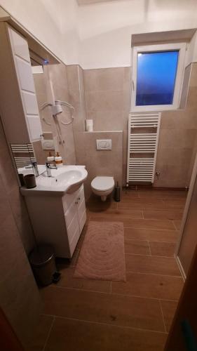 a bathroom with a sink and a toilet and a window at 7 Kućica in Livno