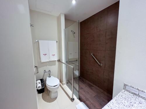 uma casa de banho com um WC e uma cabina de duche. em Diverxo Hotel & Villas em Tuxtla Gutiérrez
