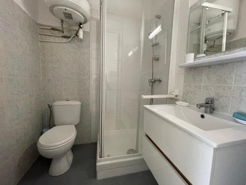 La salle de bains est pourvue de toilettes, d'un lavabo et d'une douche. dans l'établissement Studio Balaruc-les-Bains, 1 pièce, 2 personnes - FR-1-503-168, à Balaruc-les-Bains