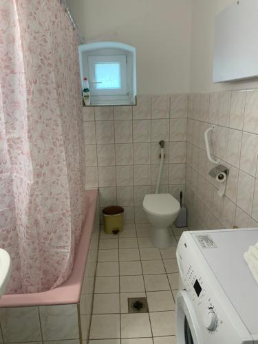 a bathroom with a pink shower curtain and a toilet at Margaréta Vendégház in Fehérvárcsurgó