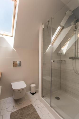 a white bathroom with a shower and a toilet at Siema Siemiany in Siemiany
