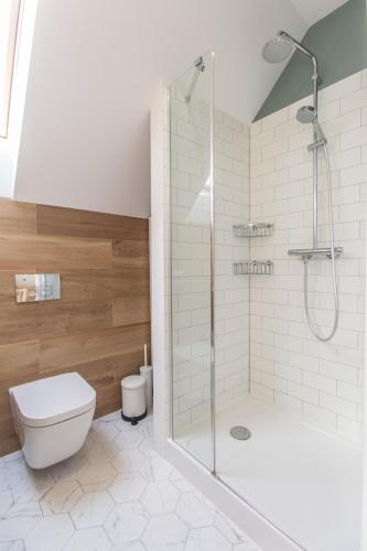 a bathroom with a shower and a toilet at Siema Siemiany in Siemiany
