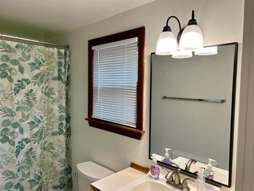 a bathroom with a sink and a mirror at Traveler’s Den in Medford in Medford