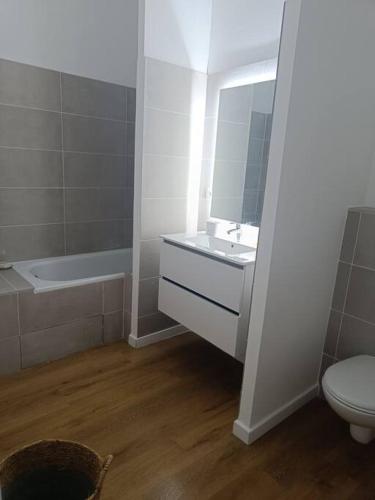 une salle de bain avec un lavabo, des toilettes et un miroir dans l'établissement Maison centre-ville de Sète, à Sète