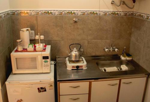 una pequeña cocina con fregadero y microondas en LOS GURISES en Villa Elisa