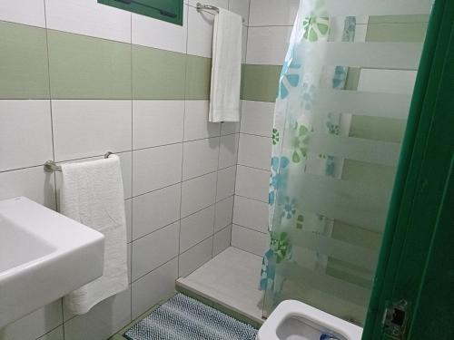 La salle de bains est pourvue d'une douche, d'un lavabo et de toilettes. dans l'établissement Monte paraiso, à Mogán