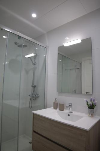 bagno con lavandino e doccia di Modern Apartament al costat del Parc de la Devesa a Girona