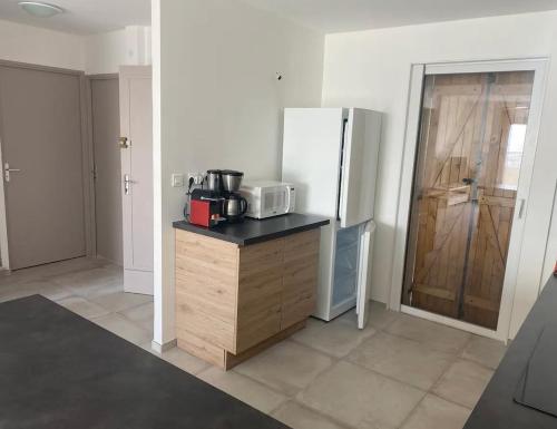 a kitchen with a counter with a microwave and a refrigerator at La perle de Sète Maison bord de l étang Animaux bienvenus Sur demande in Sète