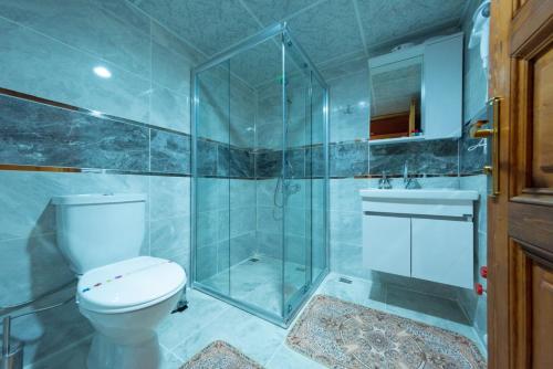 La salle de bains est pourvue d'une douche, de toilettes et d'un lavabo. dans l'établissement Manzara Konak Otel, à Safranbolu