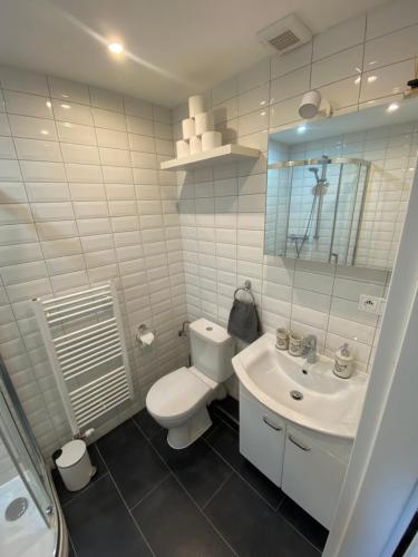 a white bathroom with a toilet and a sink at Mountain View Apartment in Poprad
