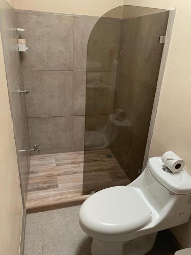 a bathroom with a toilet and a shower at Casa Atardecer Turrubares 