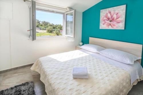 a bedroom with a large bed with a blue wall at Apartments Katic in Ražanj