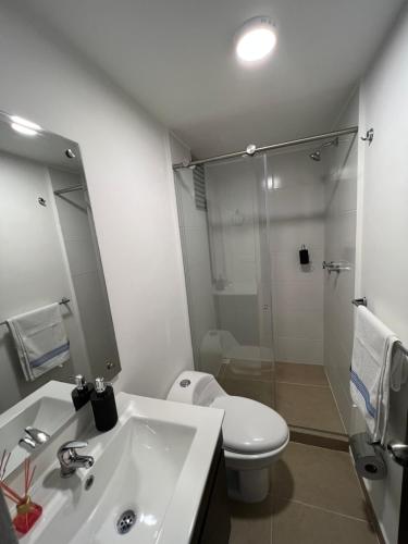 y baño con aseo, lavabo y ducha. en Apartamento Centro de Manizales, en Manizales