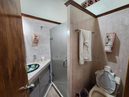 Casa guacamaya, cómoda casa cerca del río في بويرتو فايارتا: حمام مع دش ومرحاض ومغسلة