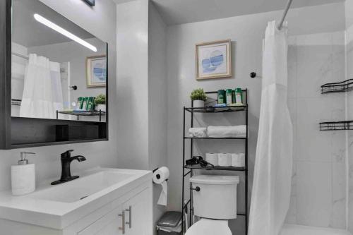 een badkamer met een wastafel, een toilet en een spiegel bij Oxon Hill Luxurious Home,5 min to MGM & National Harbor in Oxon Hill