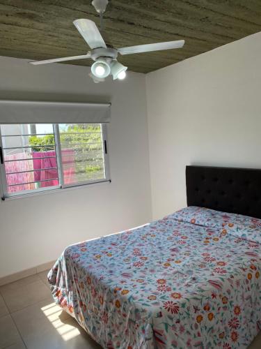 1 dormitorio con 1 cama y ventilador de techo en Los Talares en Baradero