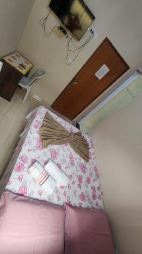 a bed in a room with a pink bed with a table at Hotel Raio do Sol in Ibicoara