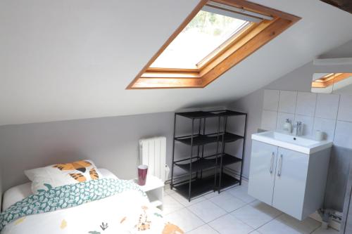 a bedroom with a bed and a sink and a skylight at Cocooning chelles Disneyland Paris in Chelles