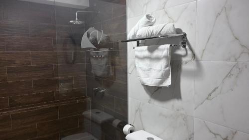 a bathroom with a shower with a toilet and a towel at Hotel Varadero Internacional in Guayaquil