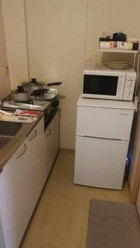 a small kitchen with a microwave on top of a refrigerator at 风宿之所民宿 in Ichikawa