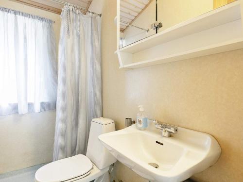 een badkamer met een wit toilet en een wastafel bij Holiday home Sæby III in Sæby