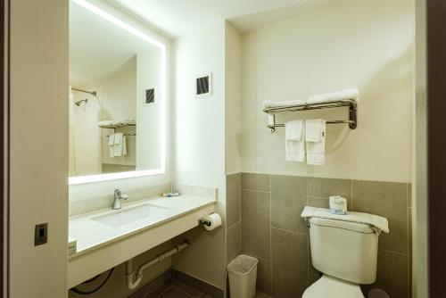 a bathroom with a sink and a toilet and a mirror at Coratel Inn & Suites by Jasper Inver Grove Heights in Inver Grove Heights