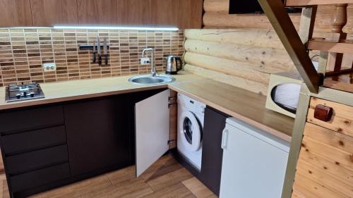 a kitchen with a sink and a washing machine at "Карпатський краєвид" in Polyana
