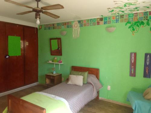 a green bedroom with a bed and a ceiling fan at La Cage in San Miguel de Tucumán