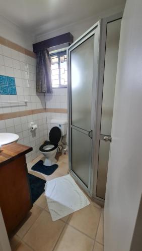a bathroom with a toilet and a glass shower door at Spacious 3 BRM Apartment in Suva