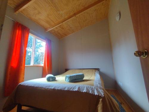a small bedroom with a bed with a window at Cabaña Don Maxi in Puelo